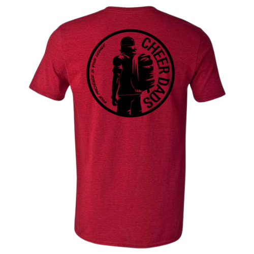 Red t-shirt with black graphic and text on a red background