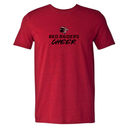 Red t-shirt with 'Red Raiders Cheer' text and logo on a red background