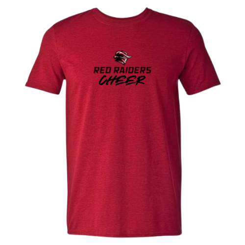 Red t-shirt with 'Red Raiders Cheer' text and logo on a red background