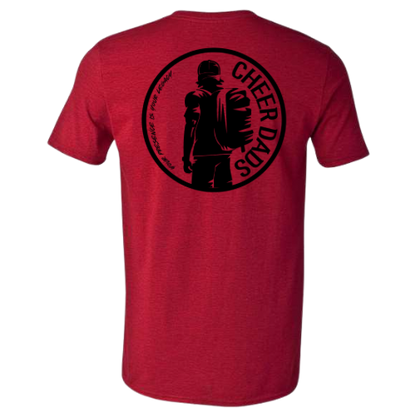 Red t-shirt with black graphic and text on a red background